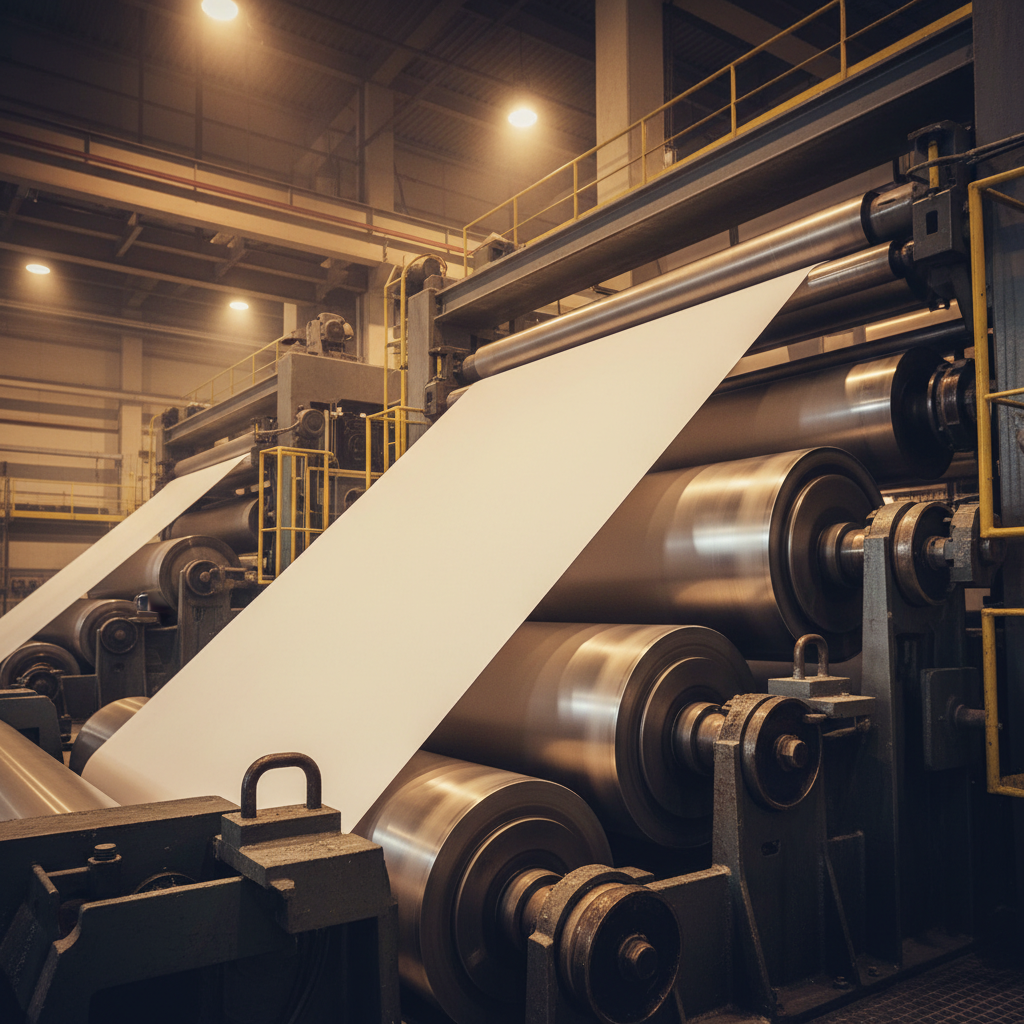 대형 제지 공장 내부에서 거대한 롤러 사이로 하얗고 매끄러운 종이가 고속으로 인쇄되듯 지나가는 역동적인 장면, 따뜻한 조명과 금속 기계의 질감이 조화를 이루는 고해상도 사진