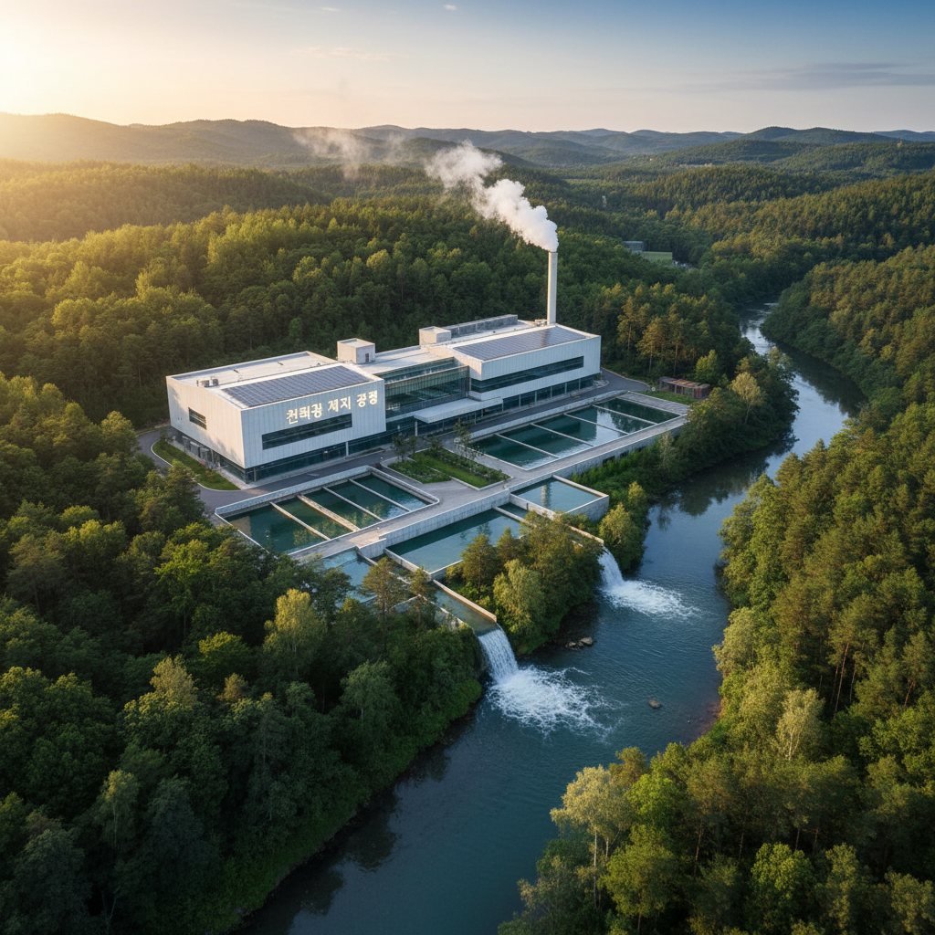 친환경 제지 공정을 강조하기 위해 숲으로 둘러싸인 현대적인 공장 전경과 정화된 물이 흐르는 시설을 담은 깨끗하고 전문적인 항공 촬영 이미지