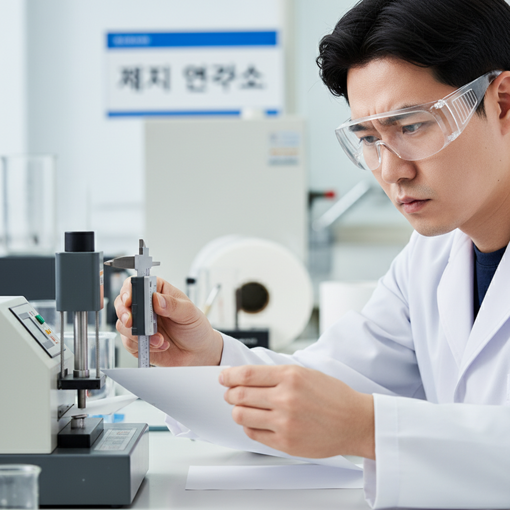 제지 연구소에서 전문가가 정밀 측정 기기를 사용하여 갓 생산된 종이의 두께와 인장 강도를 테스트하는 진지한 모습의 클로즈업 샷
