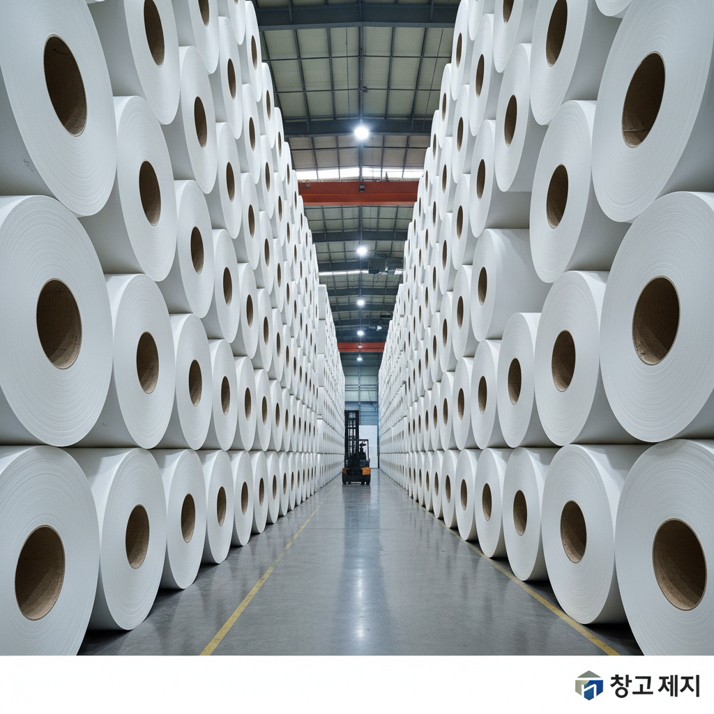 창고에 질서 정연하게 쌓여 있는 거대한 점보 롤 종이들의 압도적인 규모와 깨끗한 화이트 톤의 질감이 돋보이는 미니멀한 산업 디자인 사진