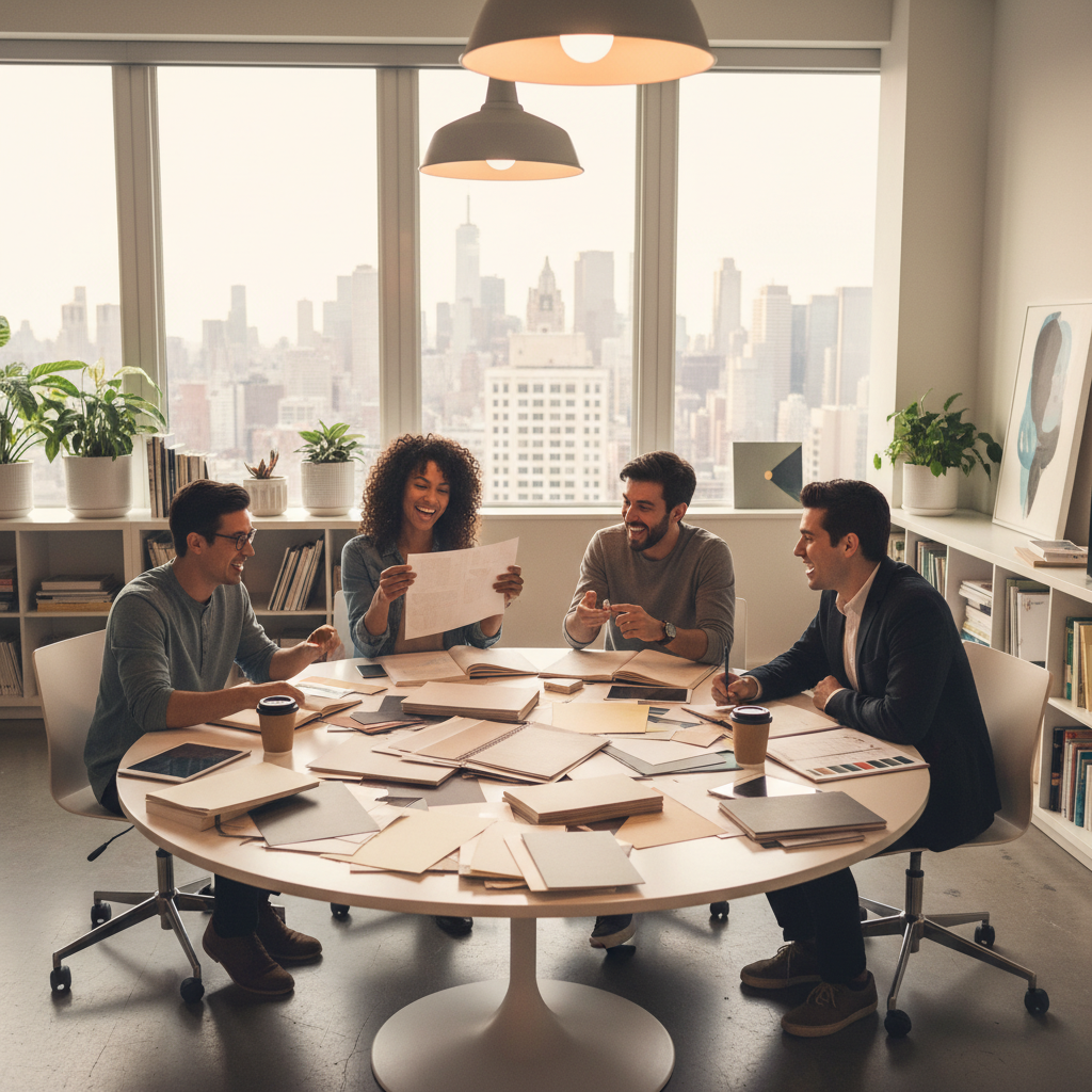 제지 회사 사무실 환경에서 다양한 종류의 종이 샘플 북을 펼쳐놓고 디자인 회의를 하는 창의적이고 활기찬 분위기의 비즈니스 라이프스타일 사진